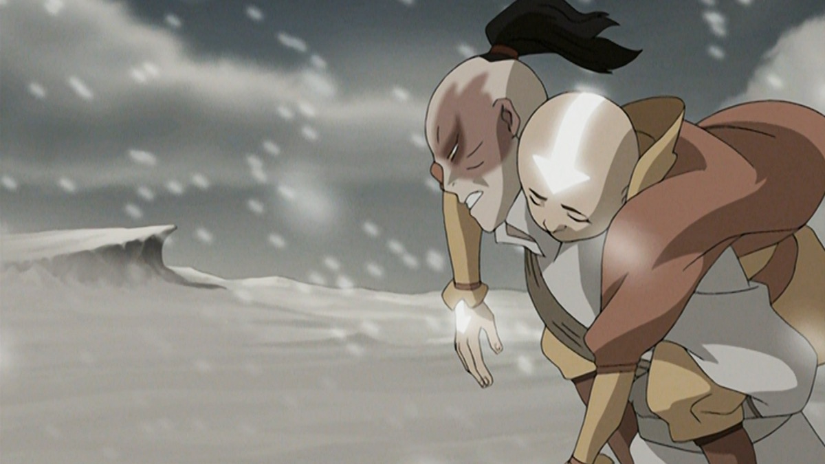 Zuko carries an unconscious Aang into a blizzard in "Avatar"