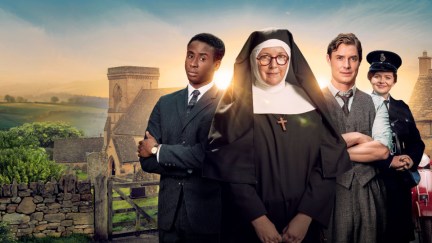 From left to right: Jerry Iwu as Felix Livingstone, Lorna Watson as Sister Boniface, Max Brown as Sam Gillespie, and Ami Metcalf as Peggy Button in promotional artwork for Sister Boniface Mysteries season 3