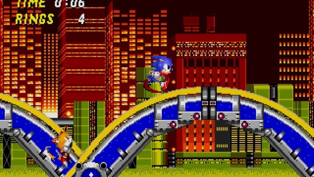 Sonic runs through a 2D cityscape in "Sonic The Hedgehog 2" 