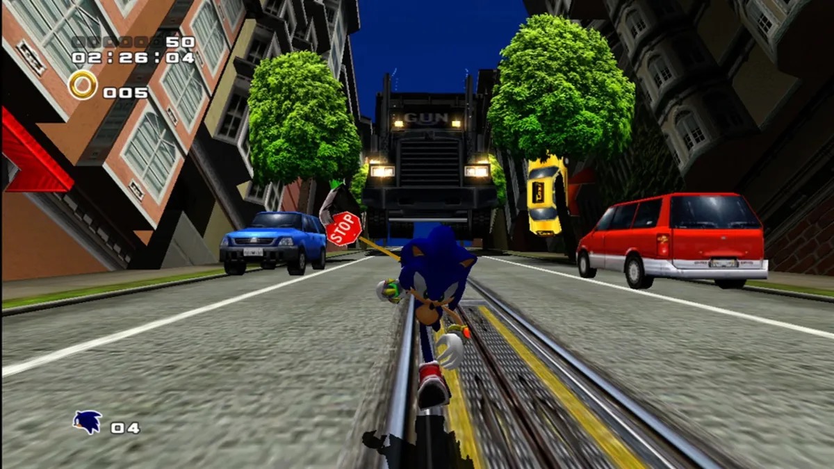 Sonic runs from a truck down a city street in "Sonic Adventure 2" 