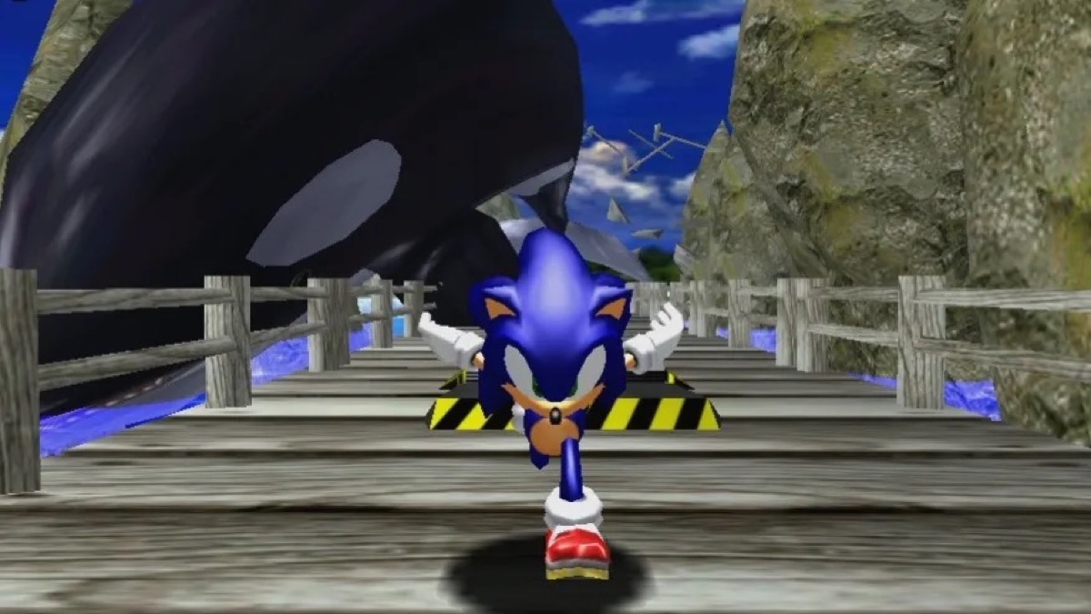 Sonic runs down a wooden dock in "Sonic Adventure" 