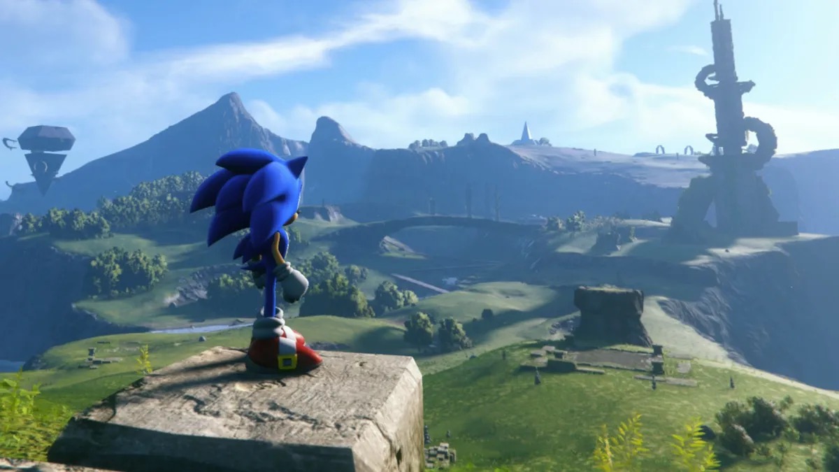 Sonic looks out at a green open world in "Sonic Frontiers" 