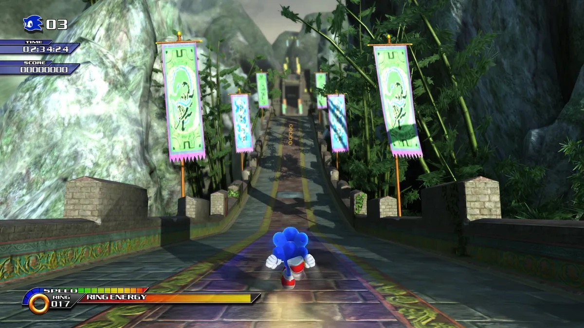 Sonic the hedgehog runs through the jungle world in "Sonic Unleashed" 