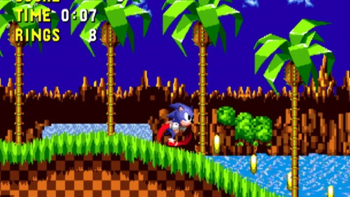 Sonic runs through green hills in "Sonic the Hedgehog"
