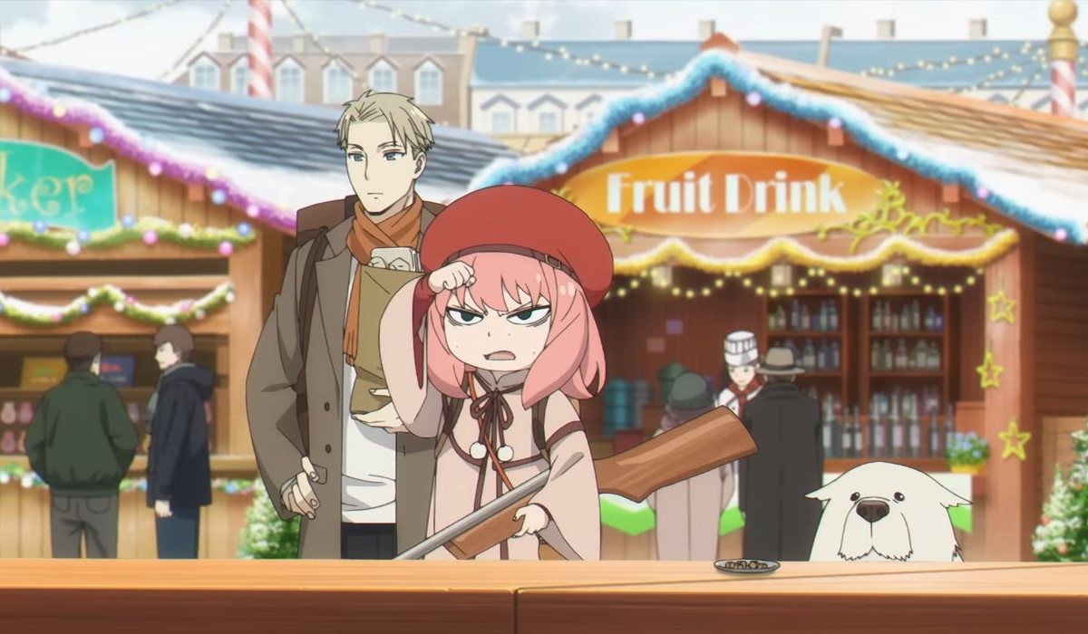 Anya trying to win a carnival prize with Loid and Bond in Spy x Family Code: White