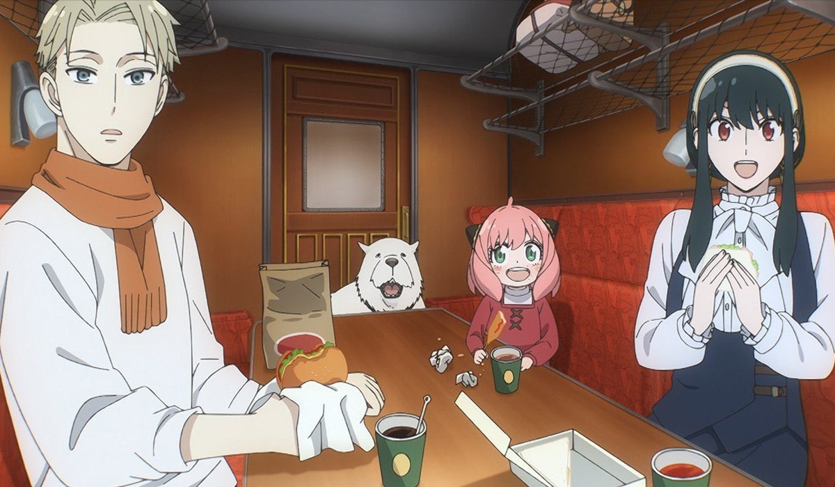 Spy x Family Code: White with Anya, Bond, Loid, and Yor, riding the train to Frigis for Anya's project.