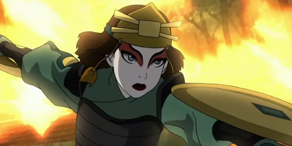 Suki in battle dress fighting in a fire in "Avatar The Last Airbender" 