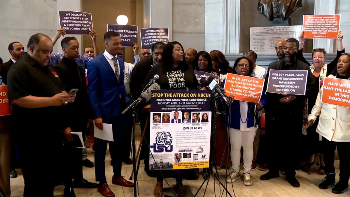 Protesters in Nashville hold a press conference to protest state repubilicans voting to vacate the entire board of HBCU Tennessee State University.