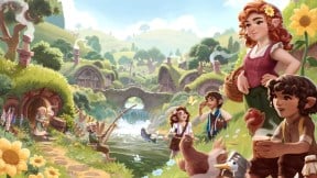 Key promotional artwork for Tales of the Shire, featuring a few Hobbits, sunflowers, and the sun-drenched landscape of Hobbiton