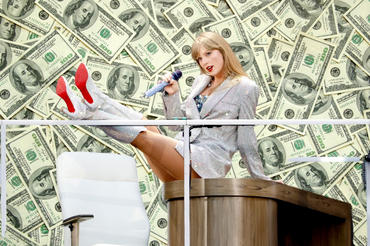 Taylor Swift performing in a sparkly silver business suit, imposed over a background of hundred dollar bills.