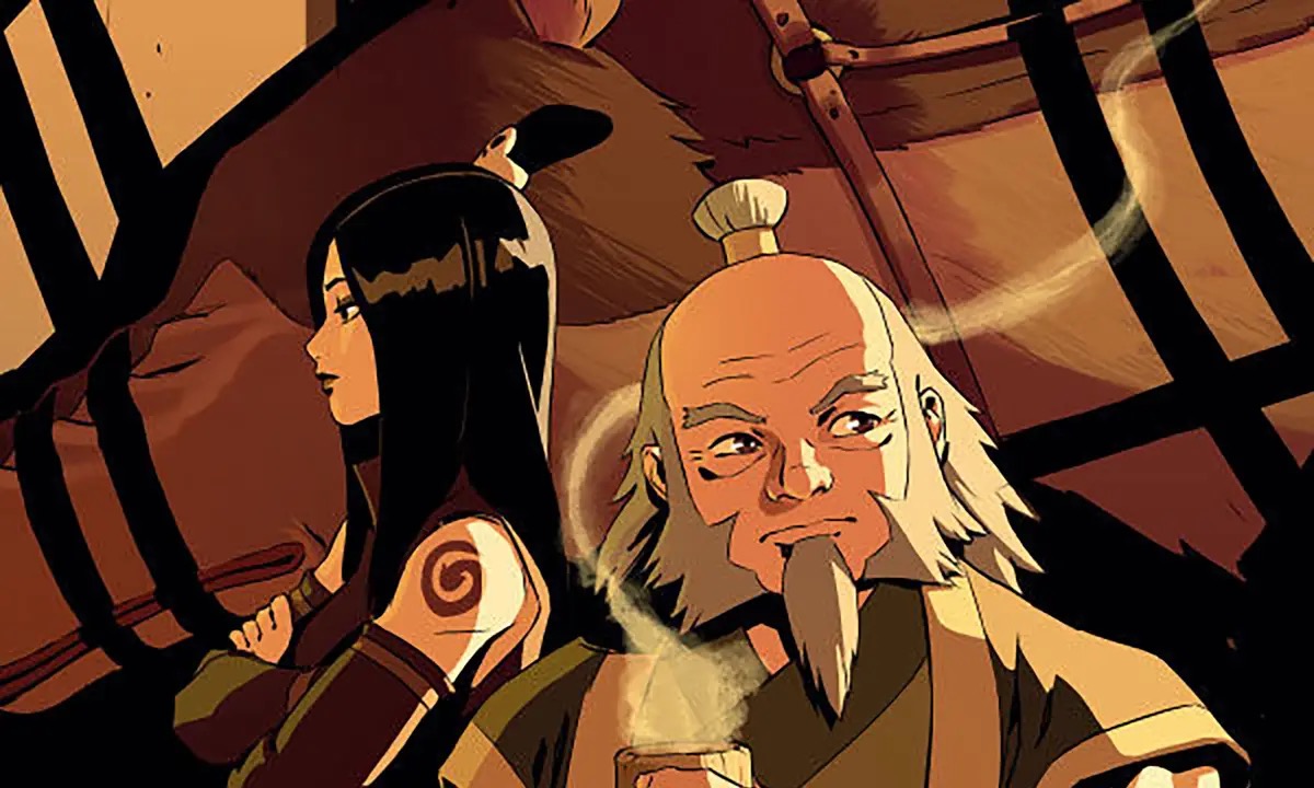 Iroh holds a steaming cup of tea while Jun stands with arms folded in "Tea Avatar Tales" 