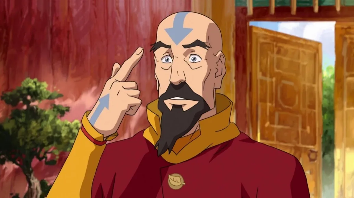 Tenzin points to his bald head in "The Legend of Korra"