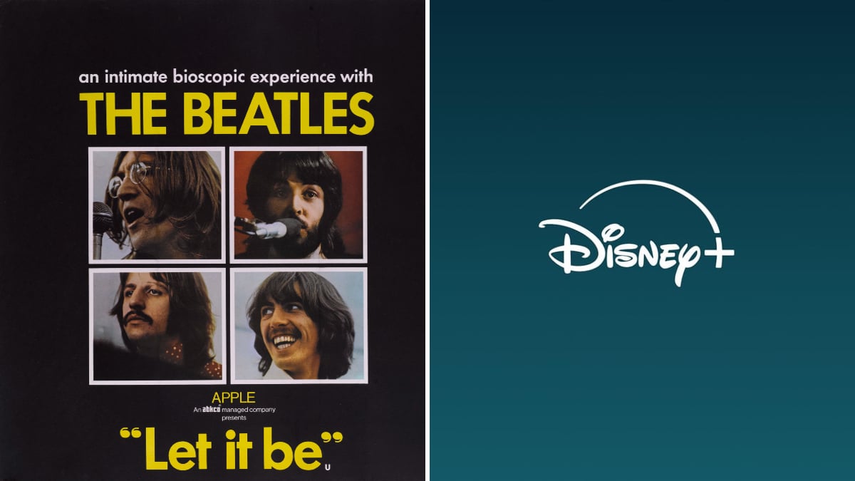 Original movie poster for The Beatles' 'Let It Be' documentary opposite the Disney+ logo