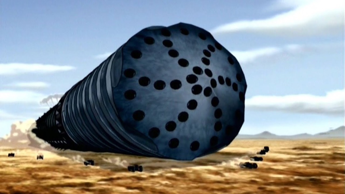 A massive drill machine lumbers across the desert in "Avatar" 