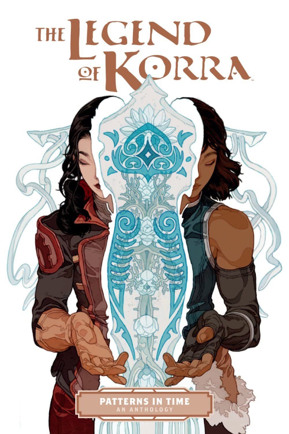 The cover for The Legend of Korra: Patters in Time, featuring Kora and Asami holding up a spirit between them. 