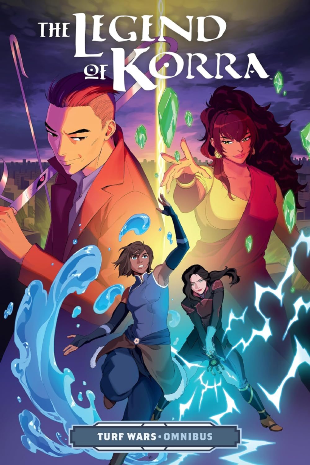 The cover for The Legend of Korra: Turf Wars omnibus, featuring Korra, Asami, Zhu Li, and Tokuga