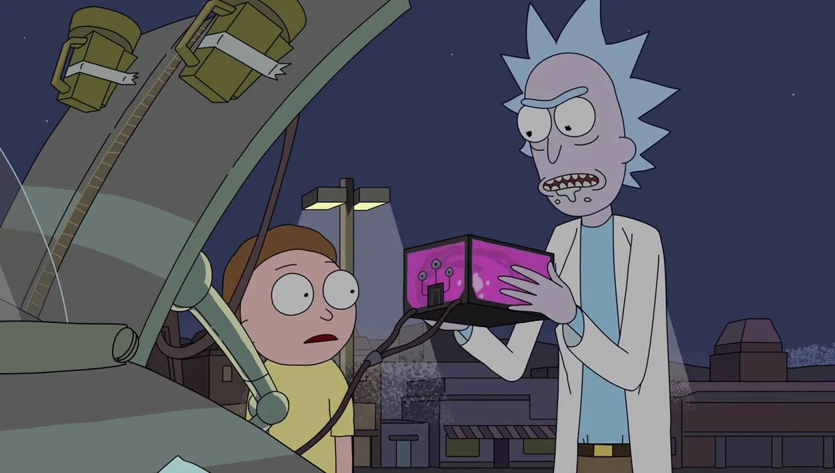 Rick holds a car battery in his hands as Morty looks on