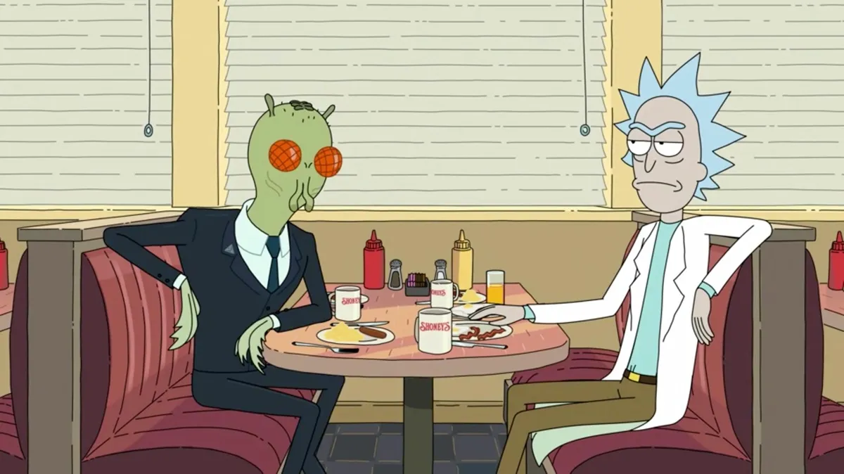 Rick sits with alien at Shoney's 