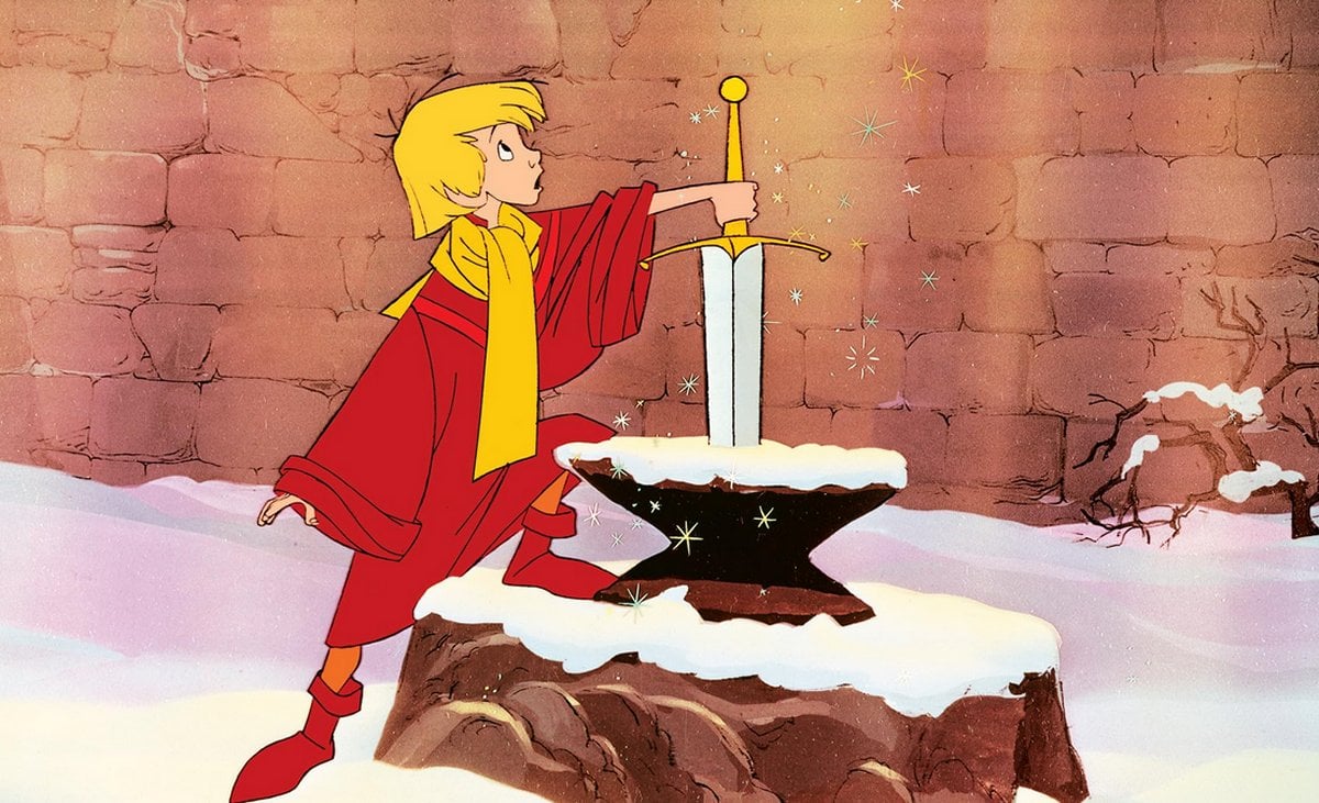 Young King Arthur pulling the sword out of the stone in The Sword in the Stone