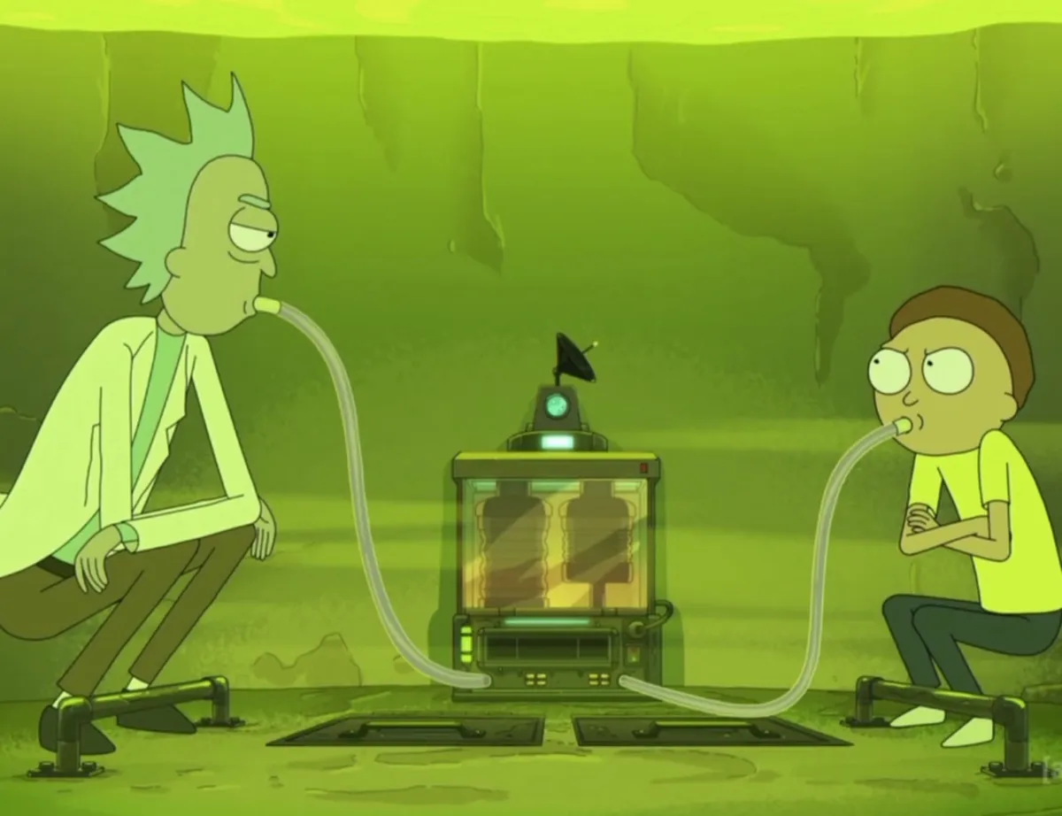Rick and Morty using breathing tubes while sitting inside a vat of acid