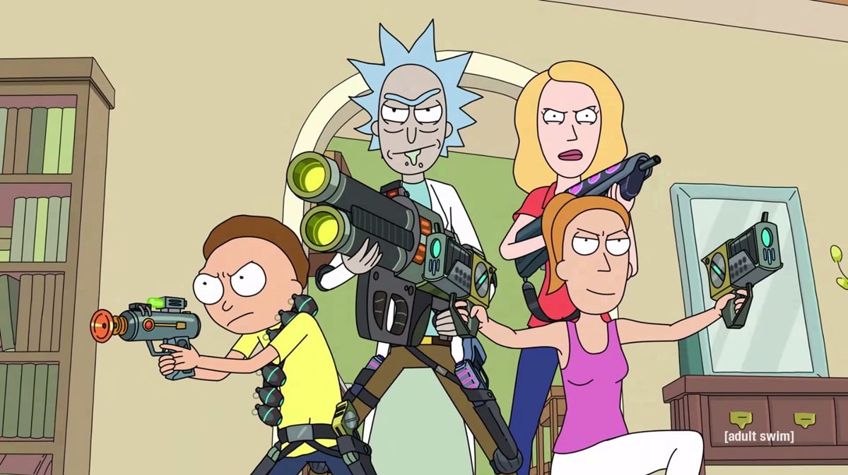 Rick, Morty, Beth, and Summer wielding weapons and looking tough
