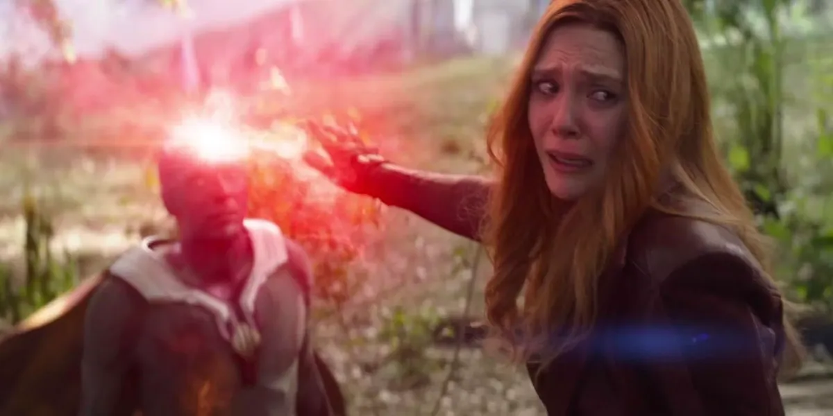 Wanda with her magic on Vision's head in Infinity War