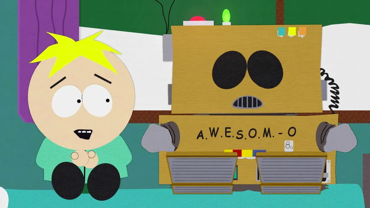 Butters sits and talks to cardboard robot "awesome - o" in "South Park" 