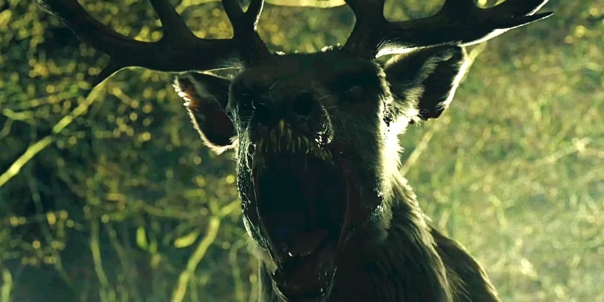 A monstrous Bambi roars in the forest.