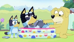 Bandit pretends to give birth to Bingo in a wading pool, wearing a baby carrier. Bluey and Lucky's dad look on.