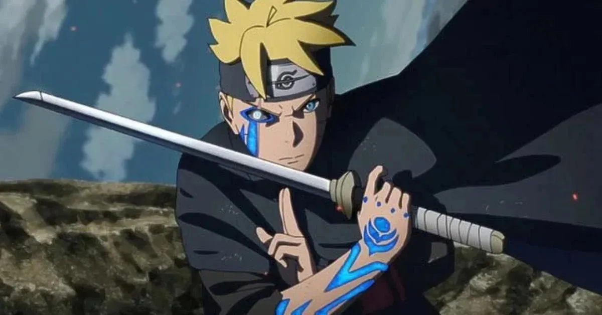 Boruto weilding a sword and making a hand sign in "Boruto"