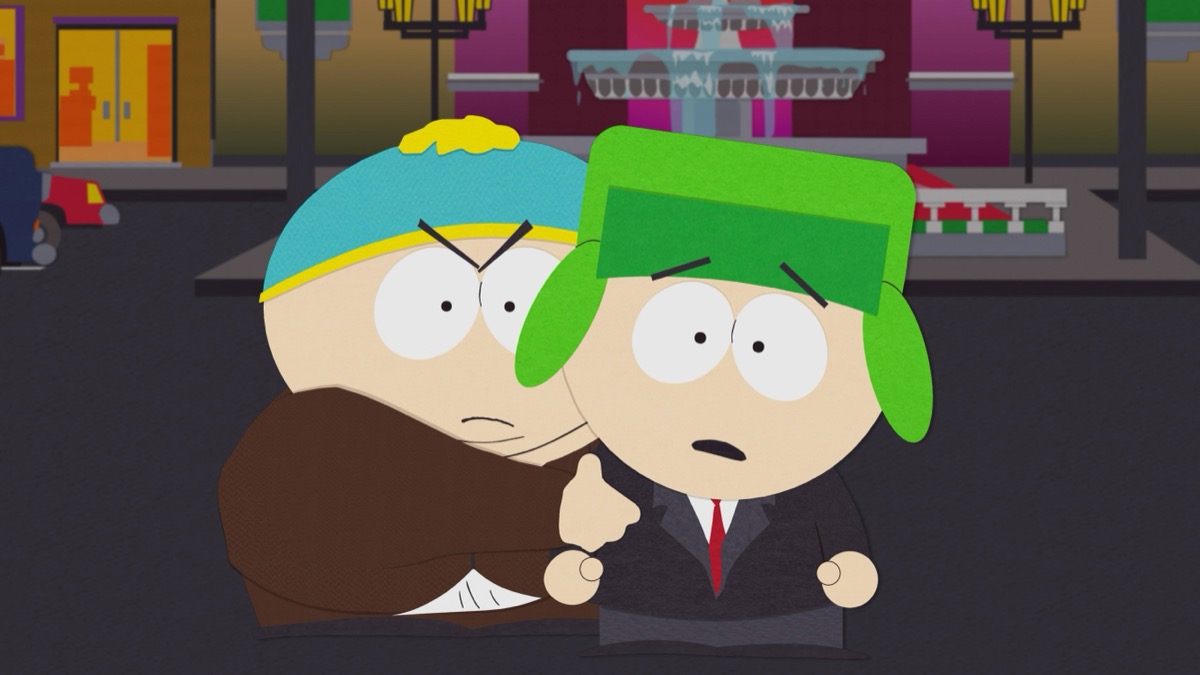 Cartman grips on to a surprised Kyle in "South Park" 