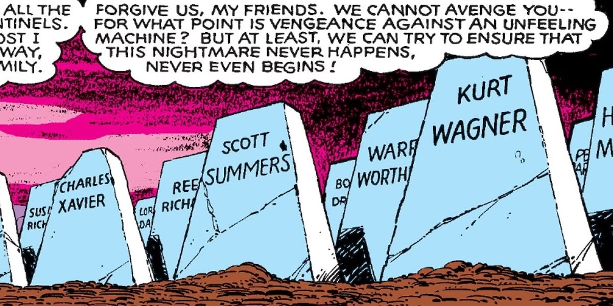 An illustrated row of graves with the names of the X-Men on each one.