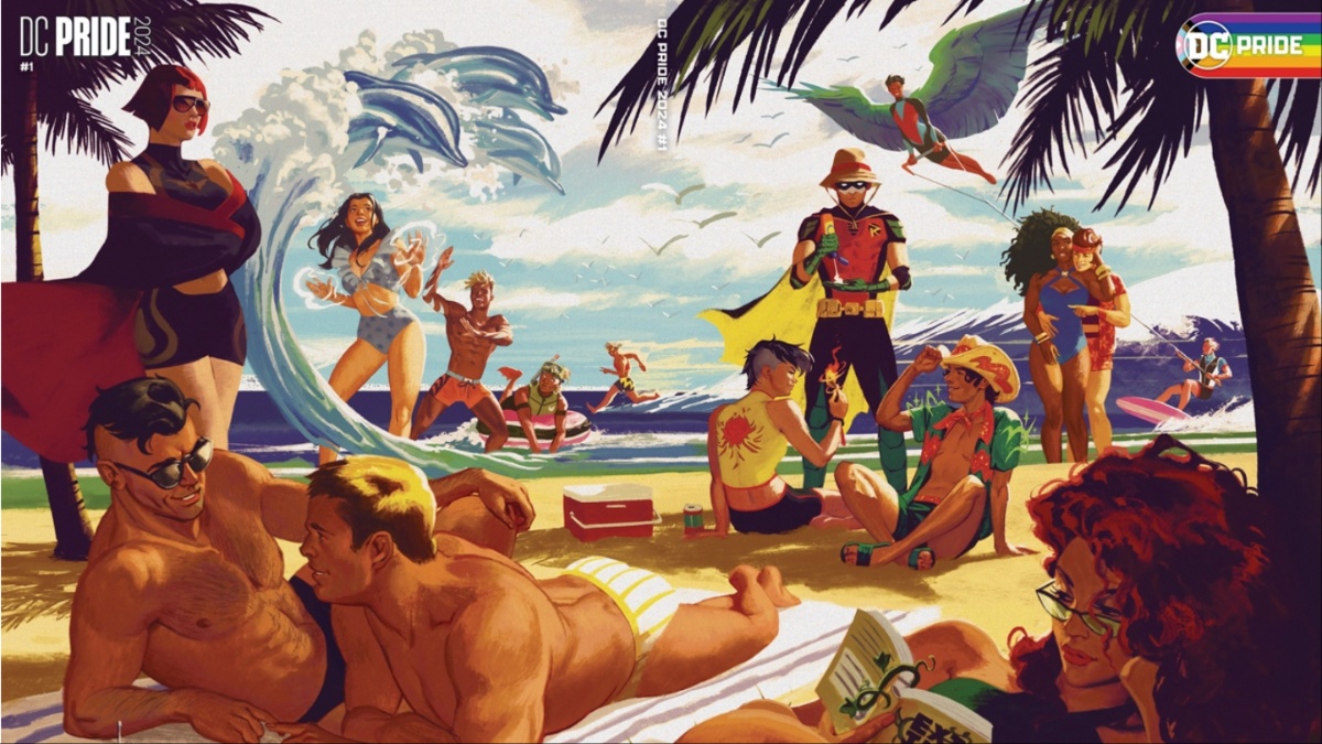 DC Pride 2024 variant cover by David Talaski shows various queer superheroes enjoying a day at the beach.