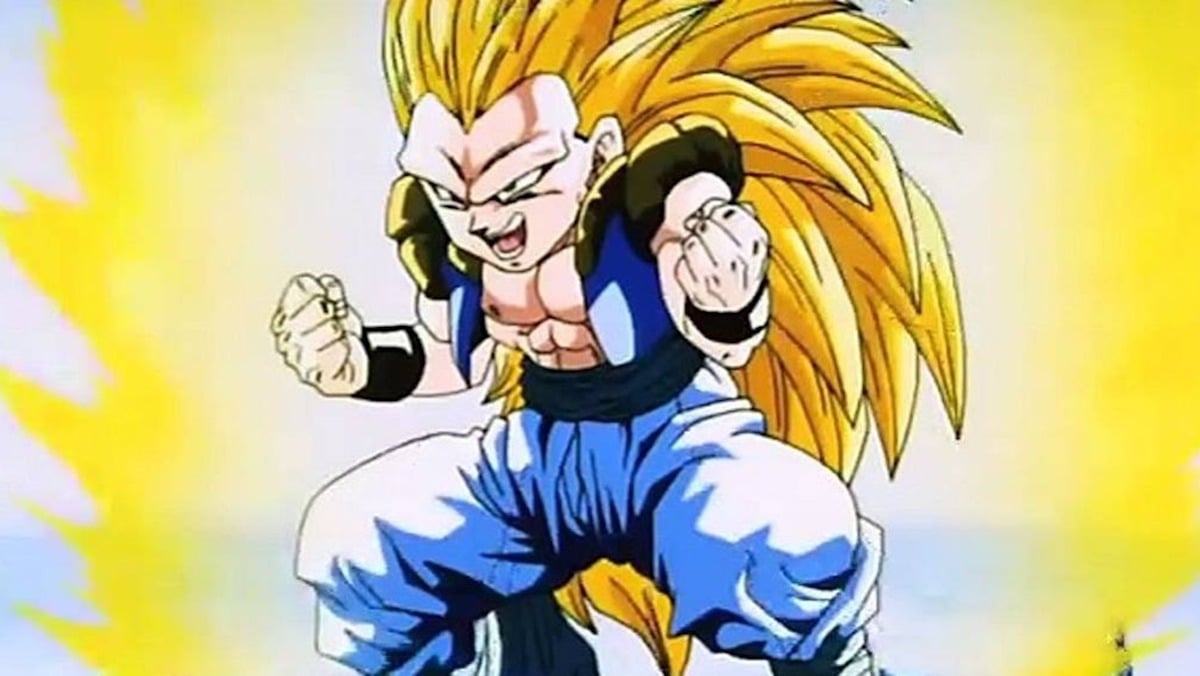 Gotenks glows with power and flexes his muscles in "Dragon Ball Z"