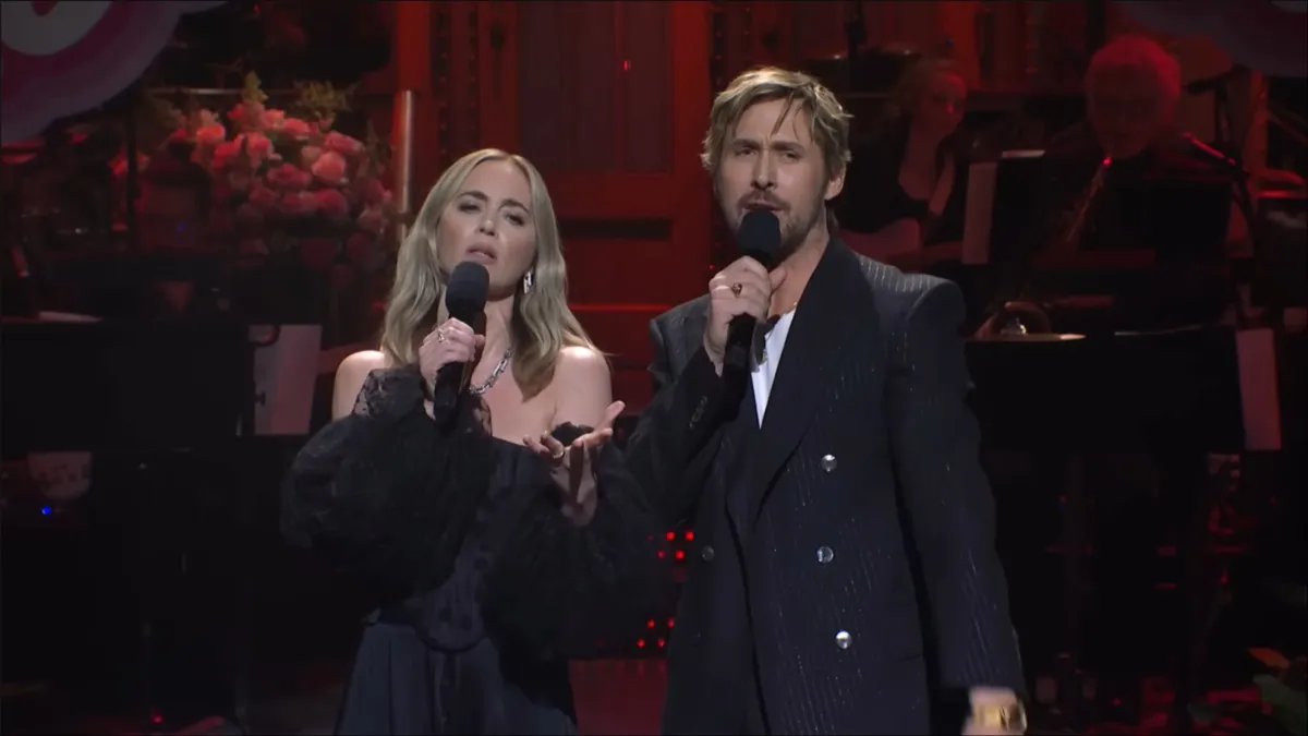 Emily Blunt and Ryan Gosling sing during Gosling's opening monologue on 'Saturday Night Live'.