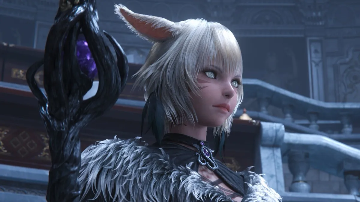 A cat eared woman stands with a staff in "Final Fantasy XIV"