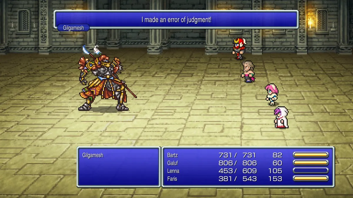 The party of Final Fantasy V fights a giant warrior 
