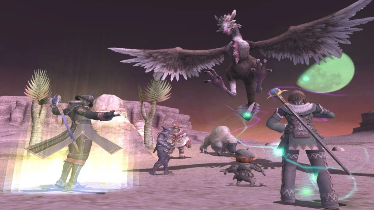 A party of adventures fights a bird monster in "Final Fantasy XI"