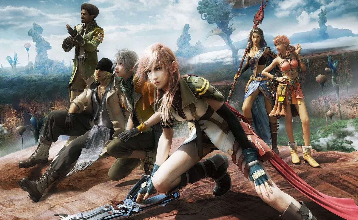 A group of young warriors posed in the wilderness in "Final Fantasy XIII" 