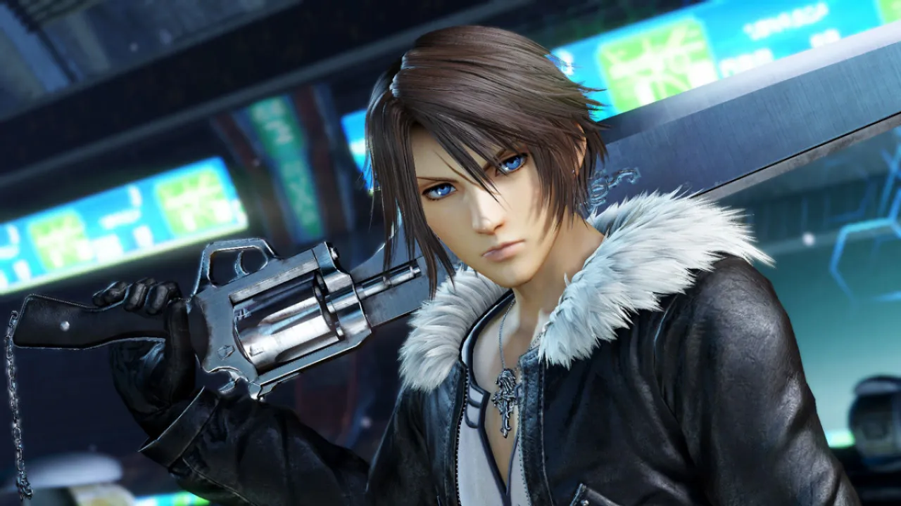 Squall Leonhard holds his gunblade over his shoulder in "Final Fantasy VIII remastered"