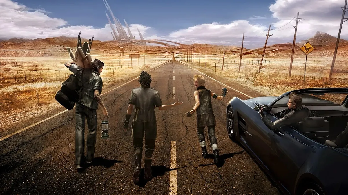The men of "Final Fantasy XV" wander down a desert road. 