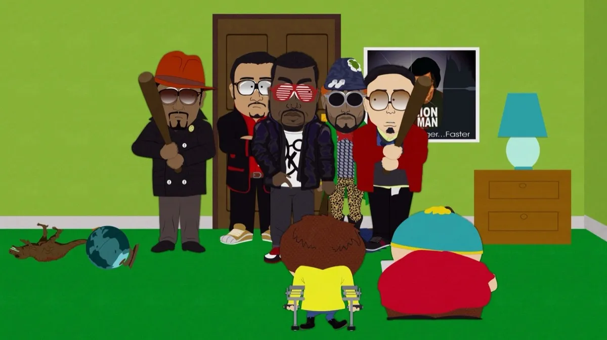 Kanye West and his squad stand in front of the South Park boys in "South Park" 