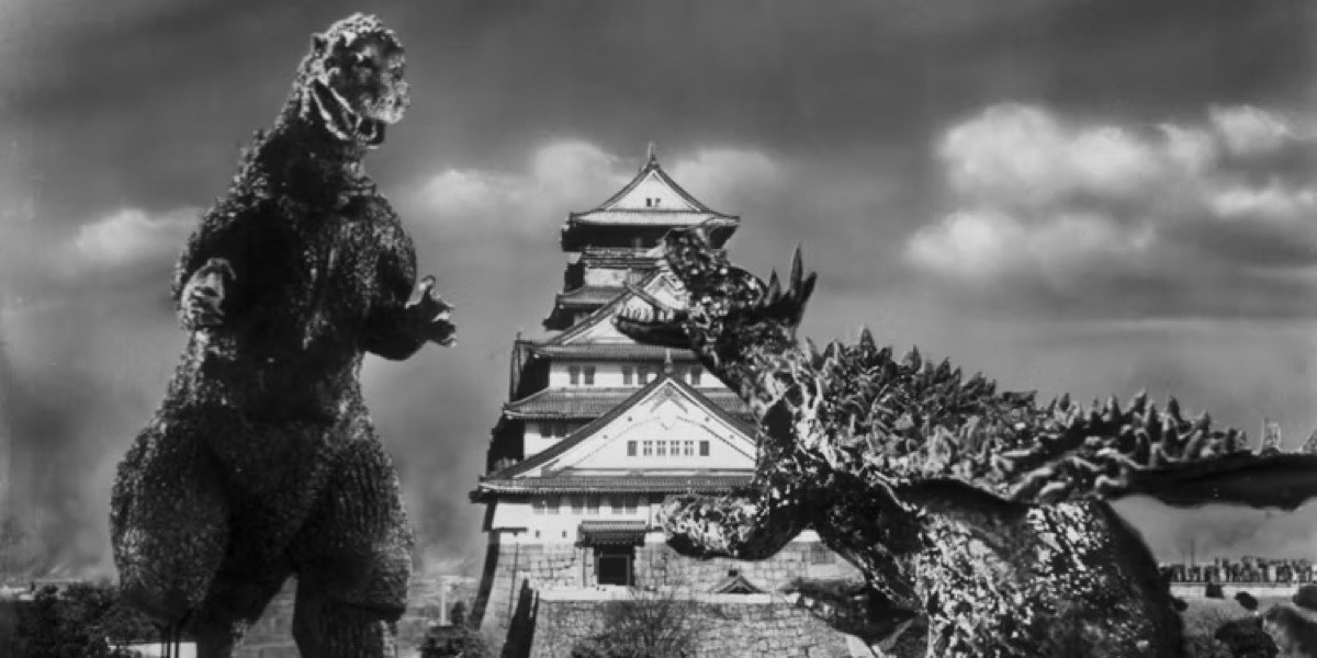 Godzilla does battle with a giant turtle monster on a Japanese castle in "Godzilla Raids Again"