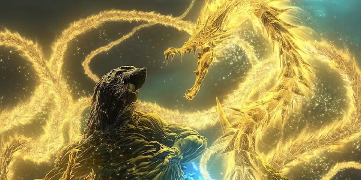 An animated Godzilla does battle with the spectrail King Ghidorah in "Godzilla the Planet Eater" 