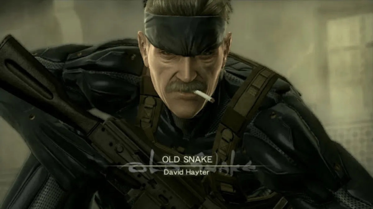 Old Snake holds a rifle while smoking a cigarette in "Metal Gear Sold 4: Guns of the Patriots"