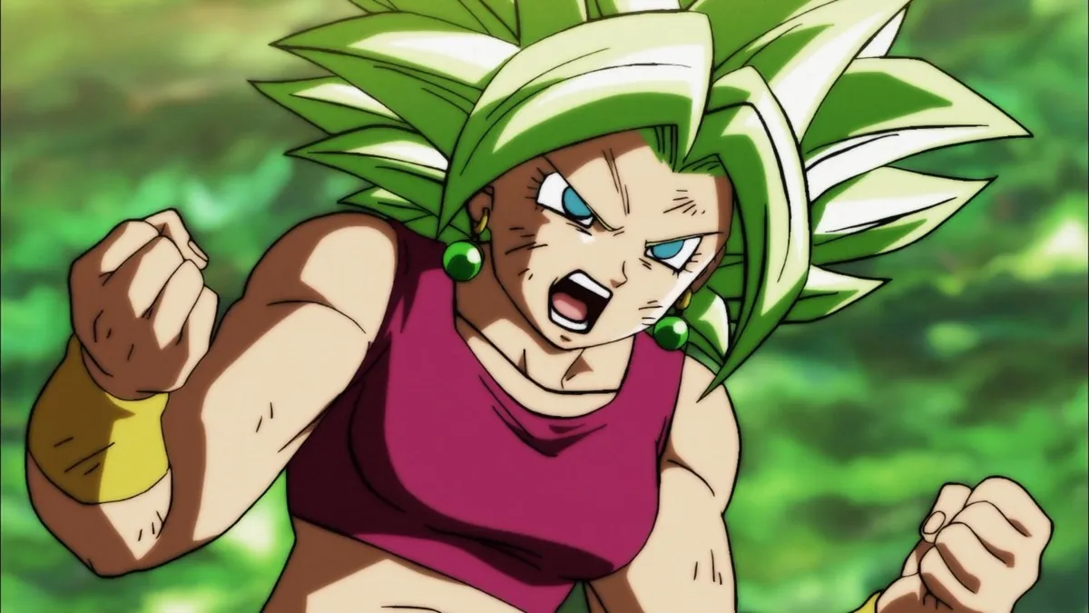 Kefla bears her fists against a green sky in "Dragon Ball Super" 