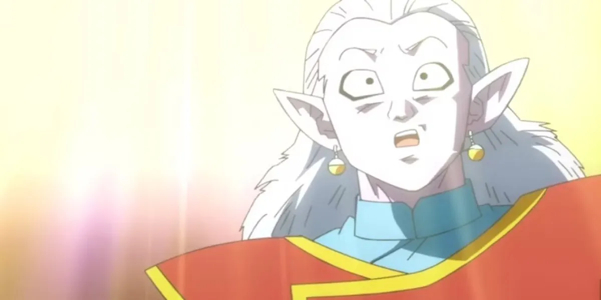 Kibito Kai surrounded by light looking confused in "Dragon Ball"
