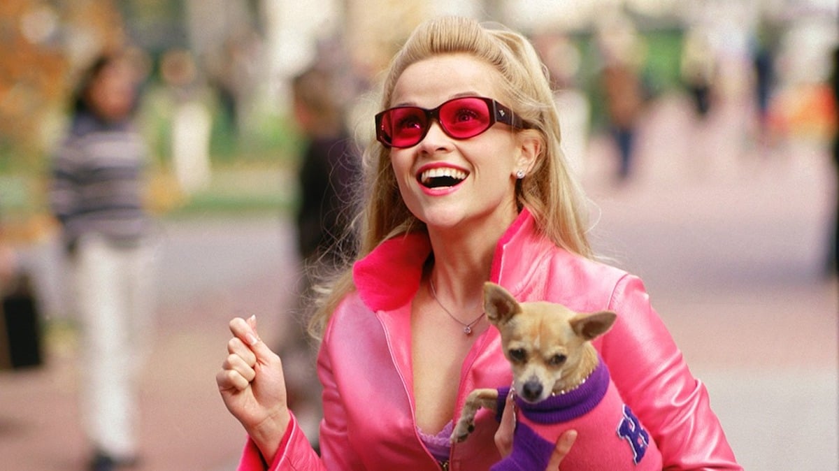 Reese Witherspoon as Elle Woods in Legally Blonde, grinning and holding her tiny dog.