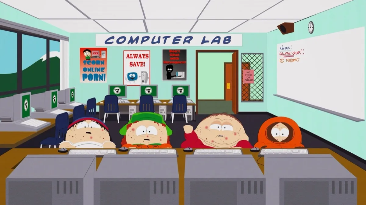 Four obese boys play World of Warcraft in the computer lab in "South Park"