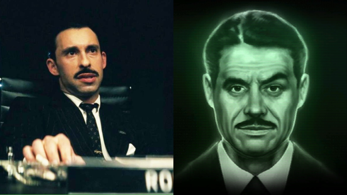left: Ravi Silver as Mr. House repping Rob-Co in Fallout (screencap/Prime Video); right: Mr. House in Fallout: New Vegas (Bethesda Game Studios)